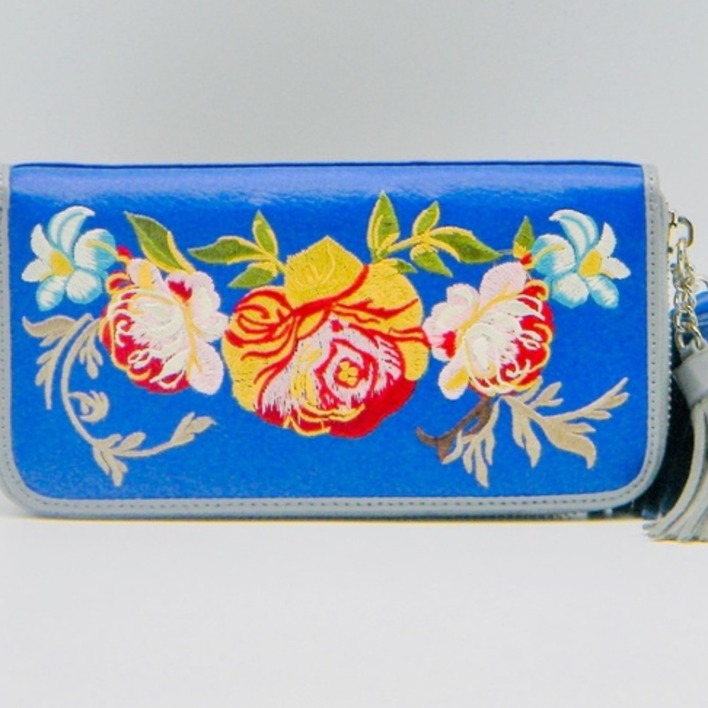 SHARIF Blue Floral Embroidered Coin Purse Handmade Leather Wallet Card Holder - Picture 2 of 8